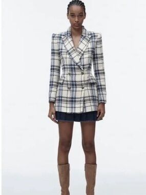 Zara Plaid Double-Breasted Wool Blend Blazer Jacket - Cream & Navy - Size Small